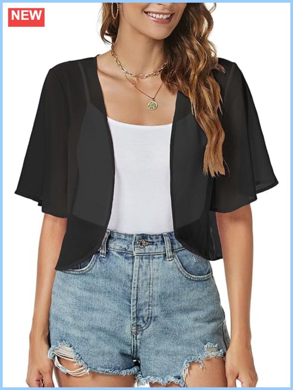 Women's Chiffon Shrug Cardigan Short Sleeve Open Front Sheer Bolero for Dress